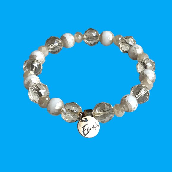 Erimish  Tan Frost Faceted Crystals Beaded Bracelet Logo Tag Stackable Stretch - Picture 2 of 3